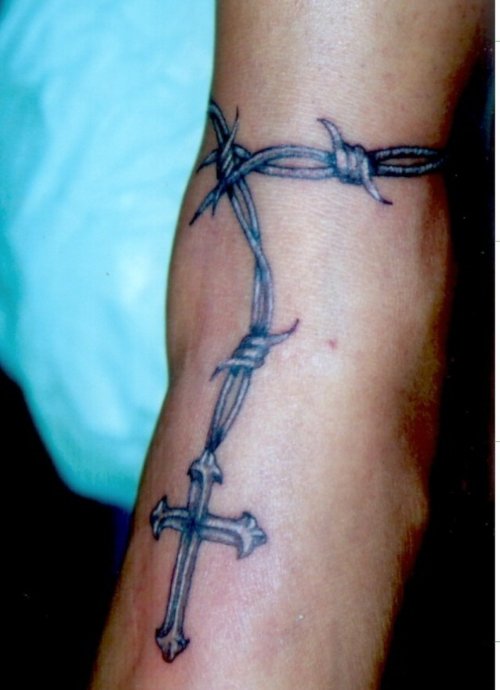 Grey Ink Barbed Wire And Cross Tattoo